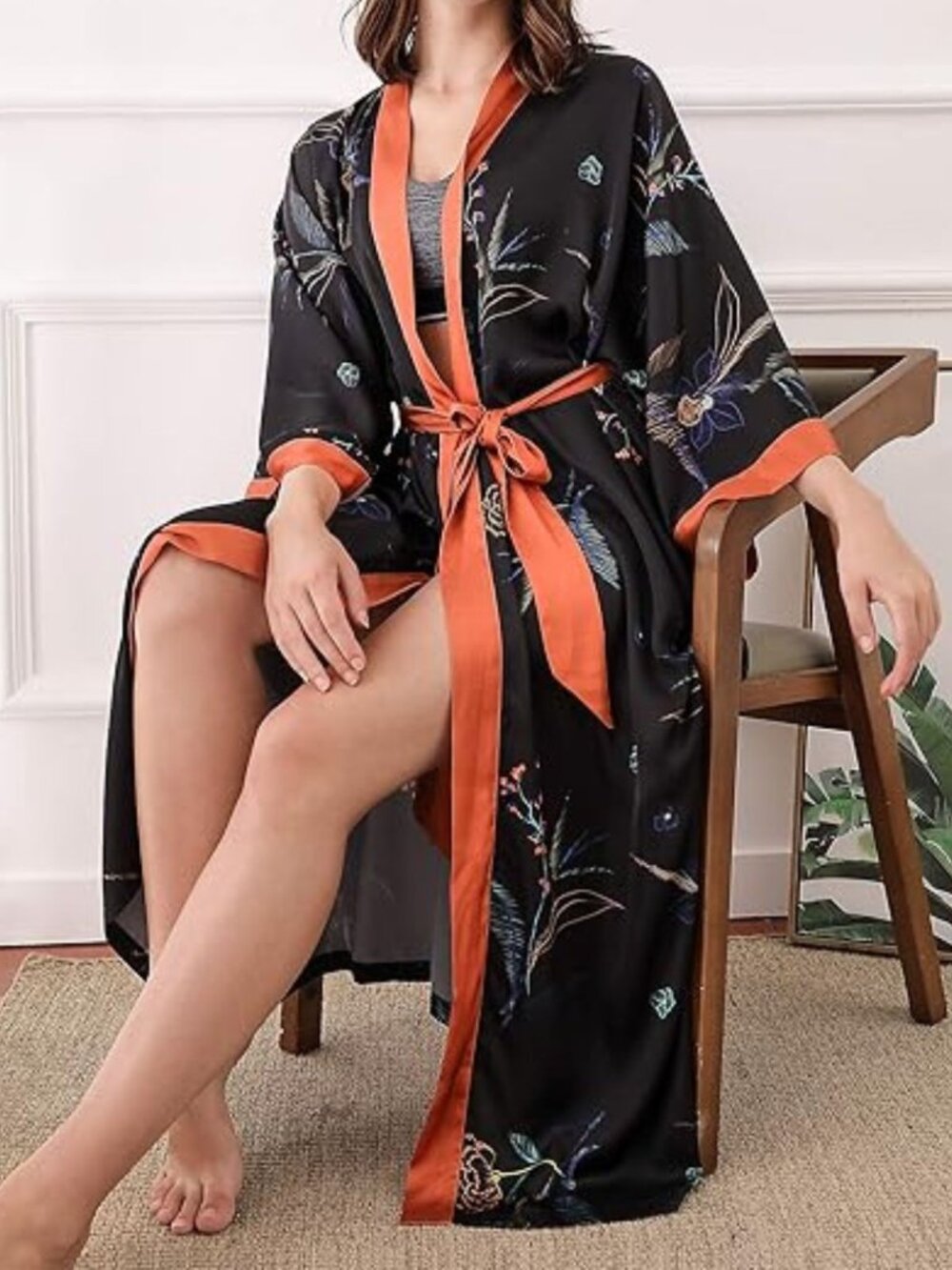 Aensso Women's Black Floral Satin Kimono Robe Cover Up One Size 54720